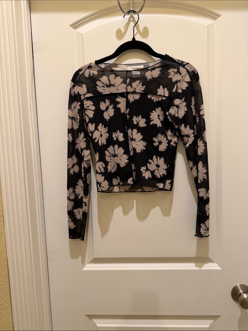 Black Sheer Floral Long-Sleeve Crop Top